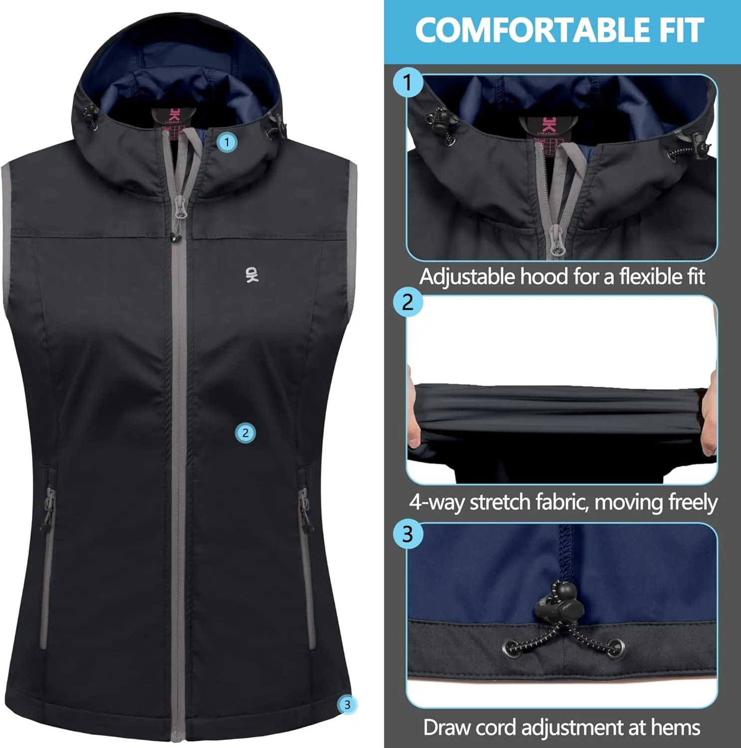 Little Donkey Andy Women's Lightweight Softshell Vest, Windproof Sleeveless Jacket for Running Hiking Travel