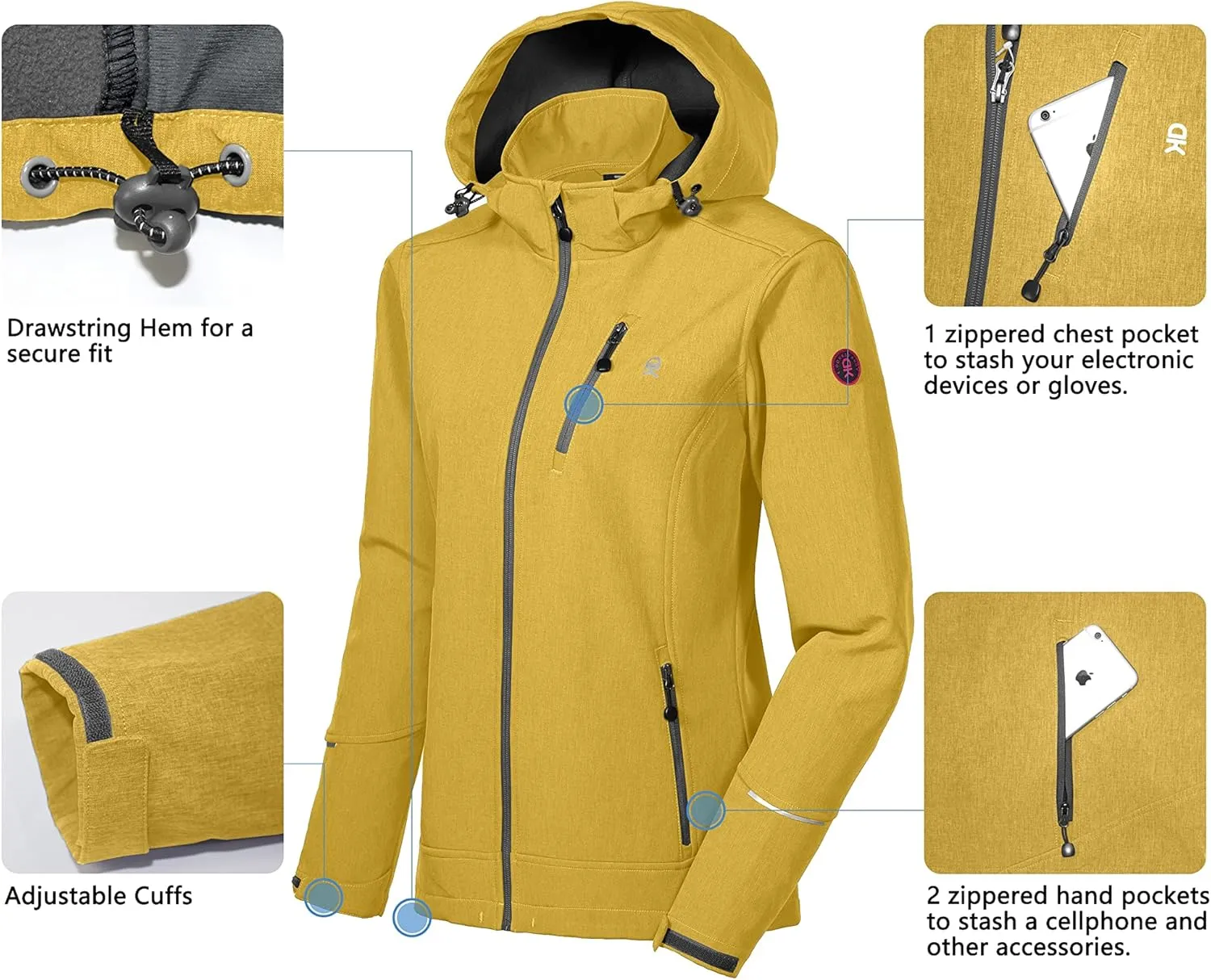 Little Donkey Andy Women's Softshell Jacket Ski Jacket with Removable Hood, Fleece Lined