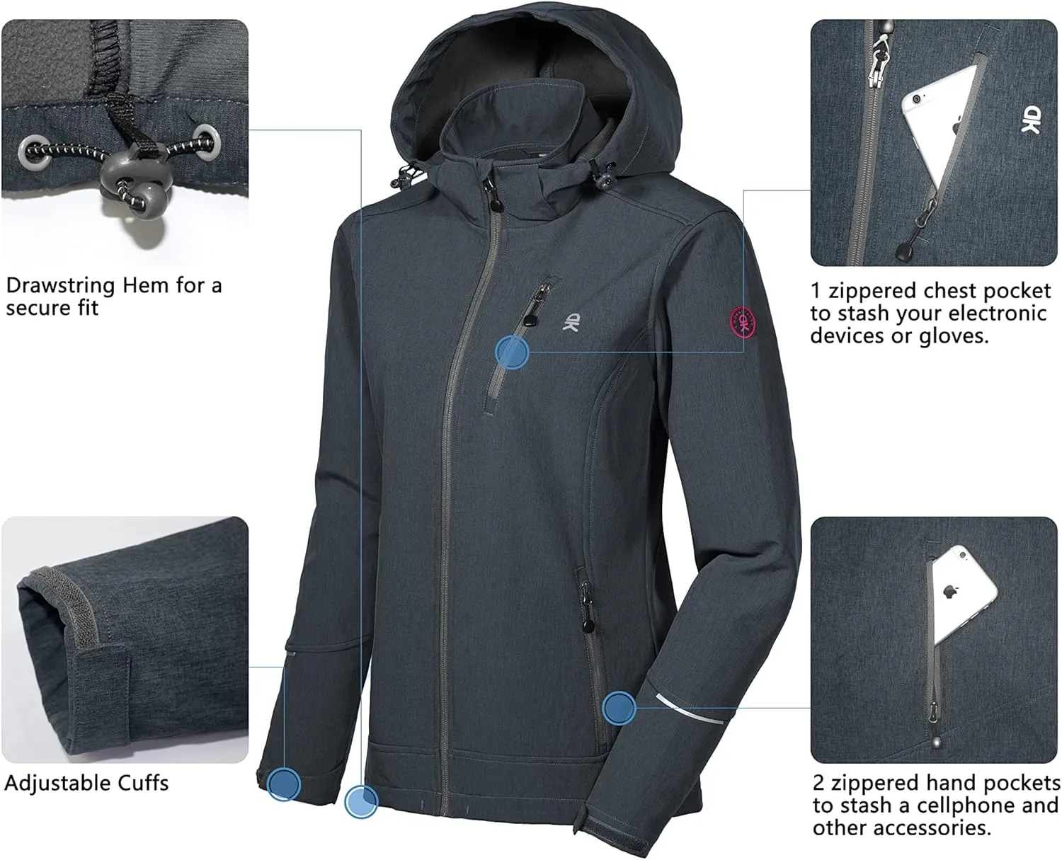 Little Donkey Andy Women's Softshell Jacket Ski Jacket with Removable Hood, Fleece Lined