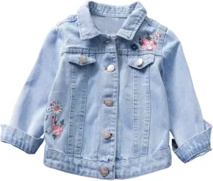 Little Girls' Denim Jacket Flower Embroidered Jean Jacket Classic Denim Jean Jacket for Kids Girls Toddler Outwear