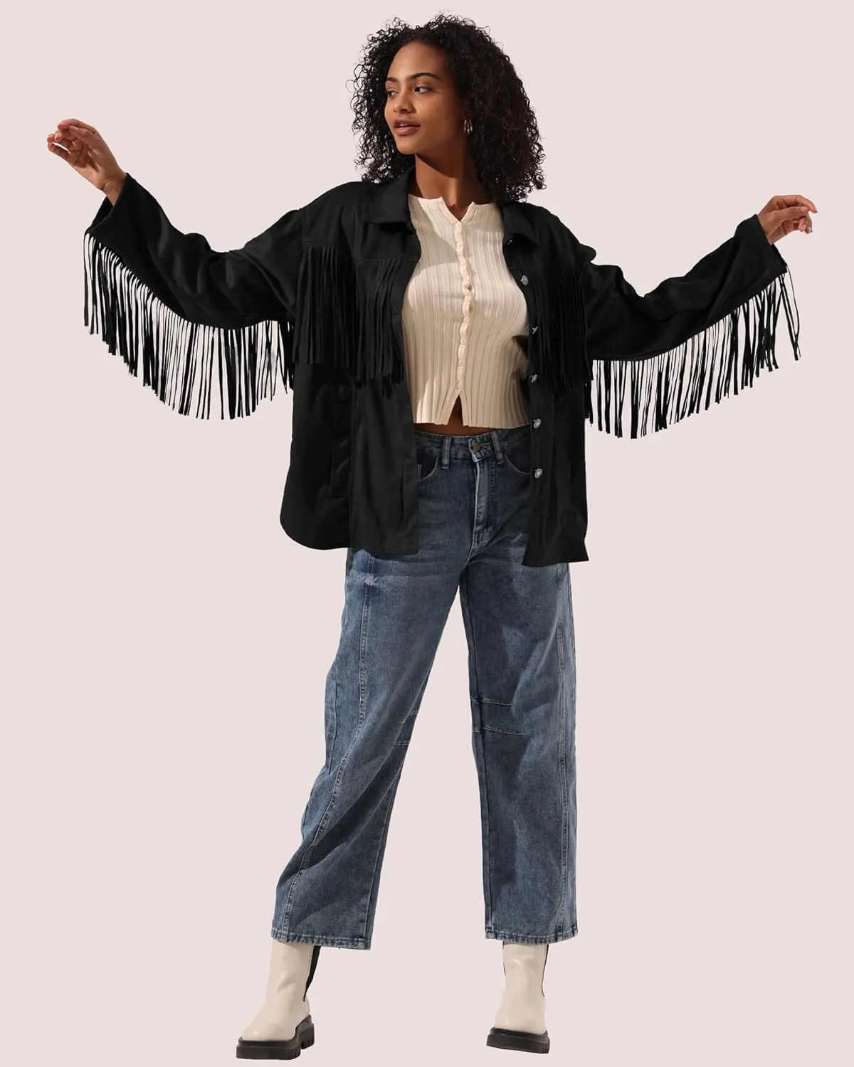 Locachy Women's Faux Suede Fringe Jacket Vintage Western Cowgirl Tassel Jackets Country Concert Outfits