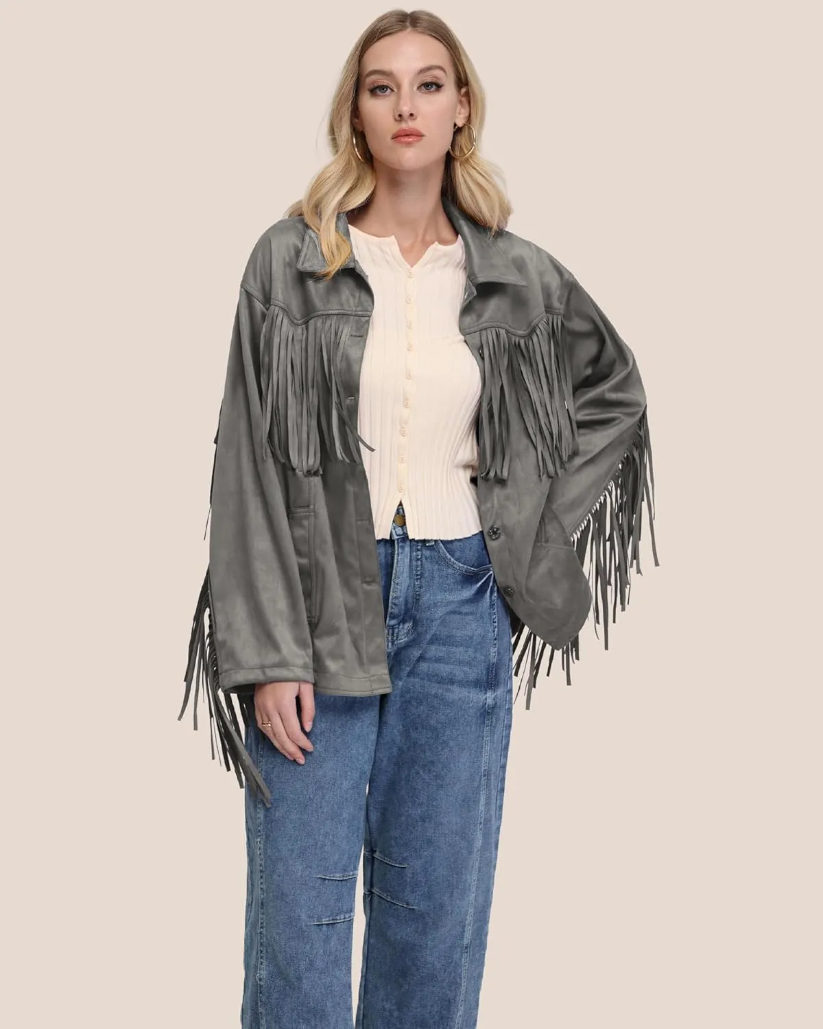Locachy Women's Faux Suede Fringe Jacket Vintage Western Cowgirl Tassel Jackets Country Concert Outfits