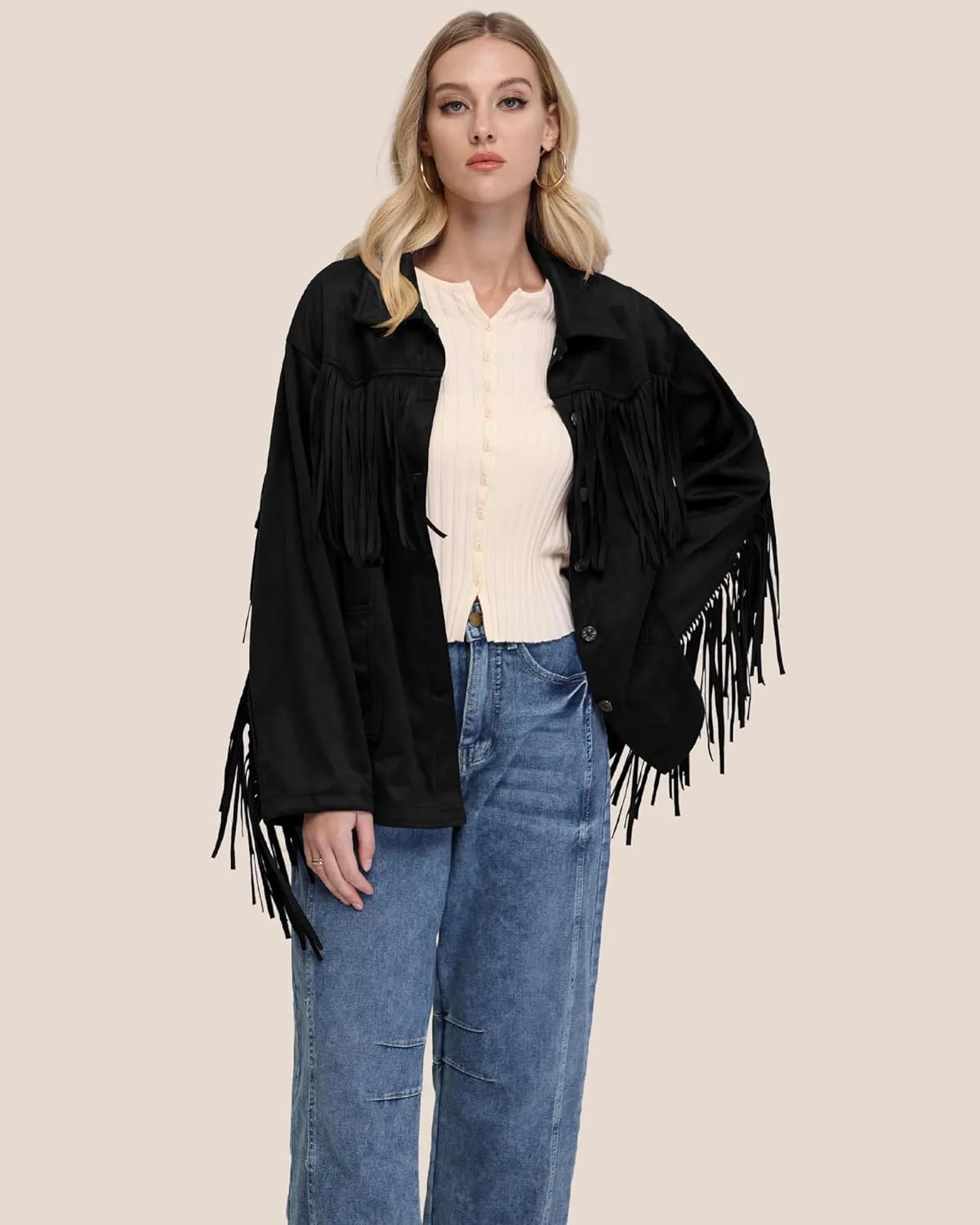 Locachy Women's Faux Suede Fringe Jacket Vintage Western Cowgirl Tassel Jackets Country Concert Outfits