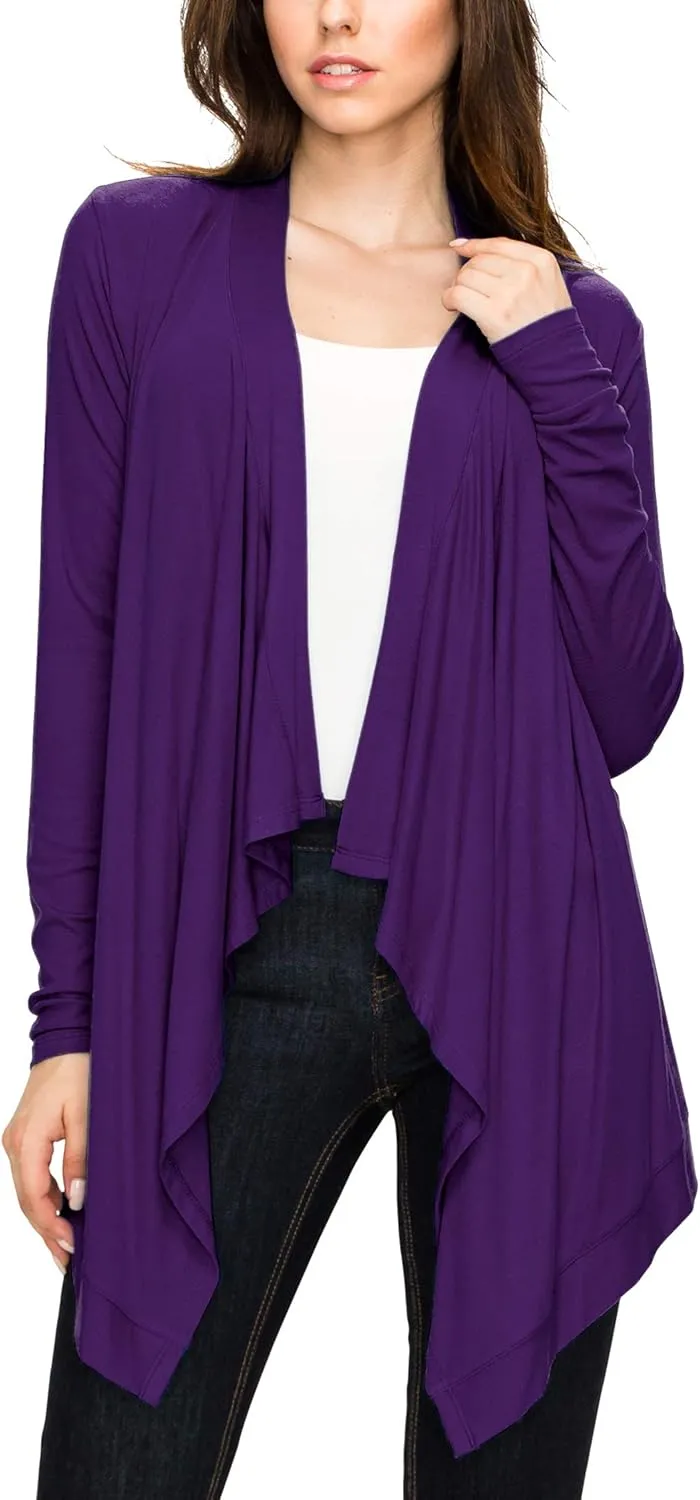 Lock and Love Women's Draped Front Open Asymmetrical Cardigan - Casual Long Sleeve Lightweight Duster