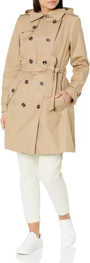 LONDON FOG Women's Stone Khaki Belted Hooded Trench Jacket Coat (US, Alpha, X-Large, Regular, Regular, Stone)
