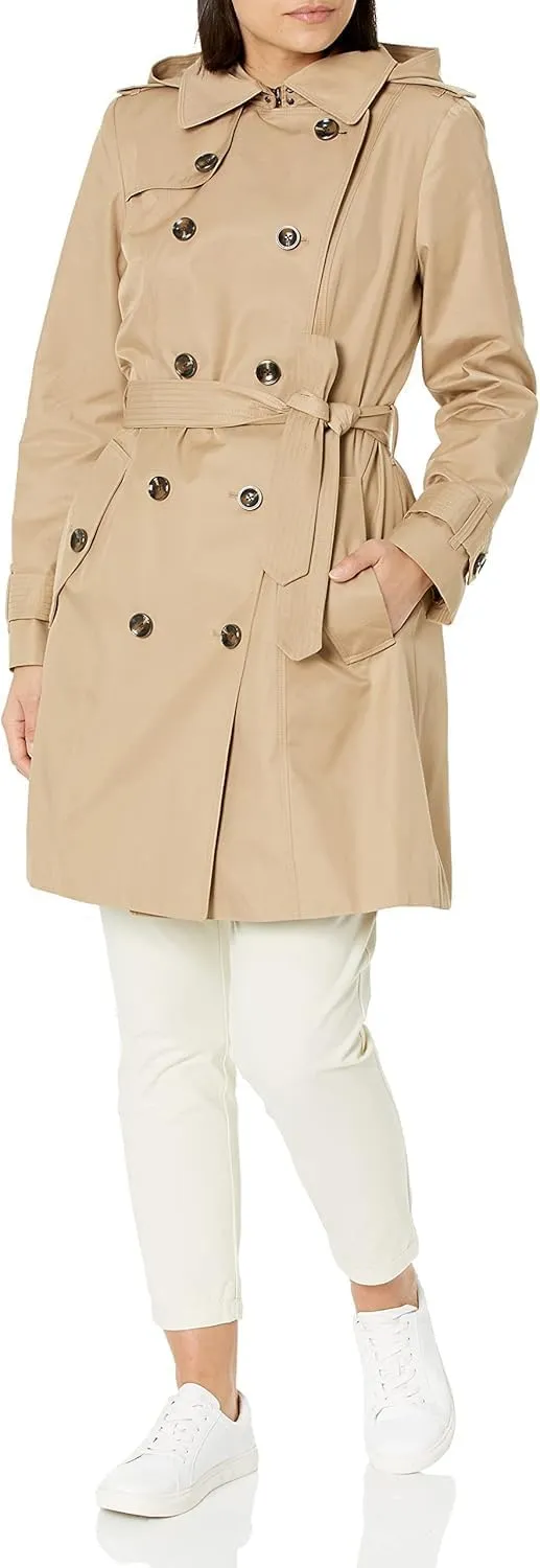 LONDON FOG Women's Stone Khaki Belted Hooded Trench Jacket Coat (US, Alpha, X-Large, Regular, Regular, Stone)