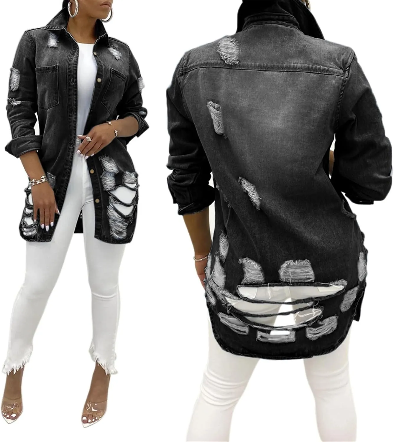 Long Jean Jacket for Women Oversized Long Sleeve Classic Distressed Trucker Denim Jackets Trendy Coat with Pockets
