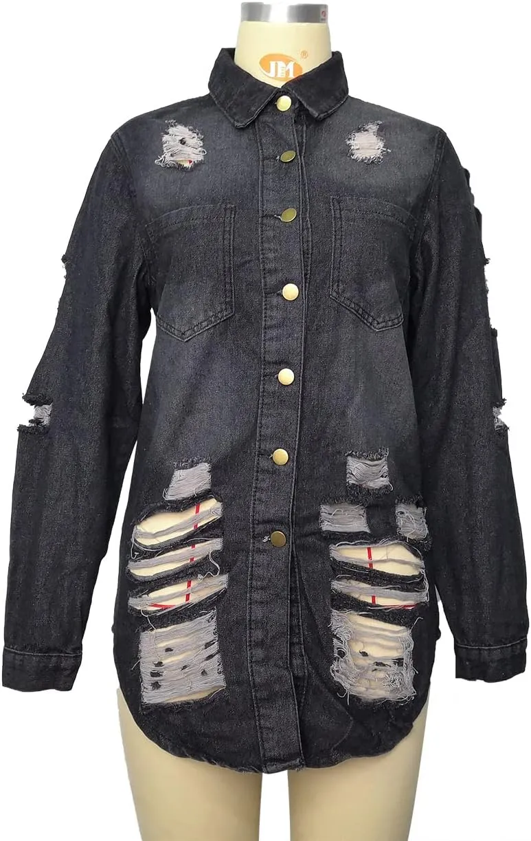 Long Jean Jacket for Women Oversized Long Sleeve Classic Distressed Trucker Denim Jackets Trendy Coat with Pockets