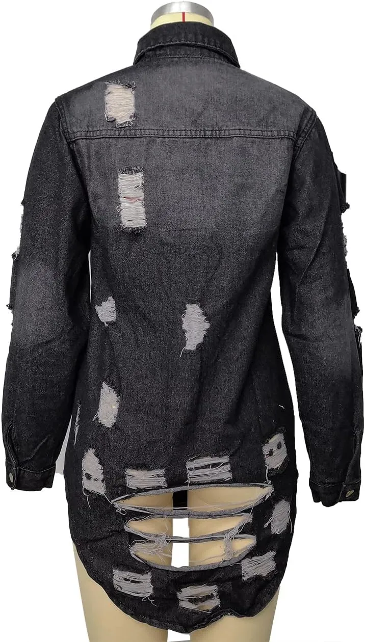 Long Jean Jacket for Women Oversized Long Sleeve Classic Distressed Trucker Denim Jackets Trendy Coat with Pockets