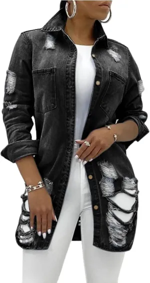 Long Jean Jacket for Women Oversized Long Sleeve Classic Distressed Trucker Denim Jackets Trendy Coat with Pockets