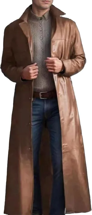 Long Leather Jakcet for Men Retro Slim Fit Motorcyle Trench Coat Full Length Faux Leather Overcoat Windbreaker