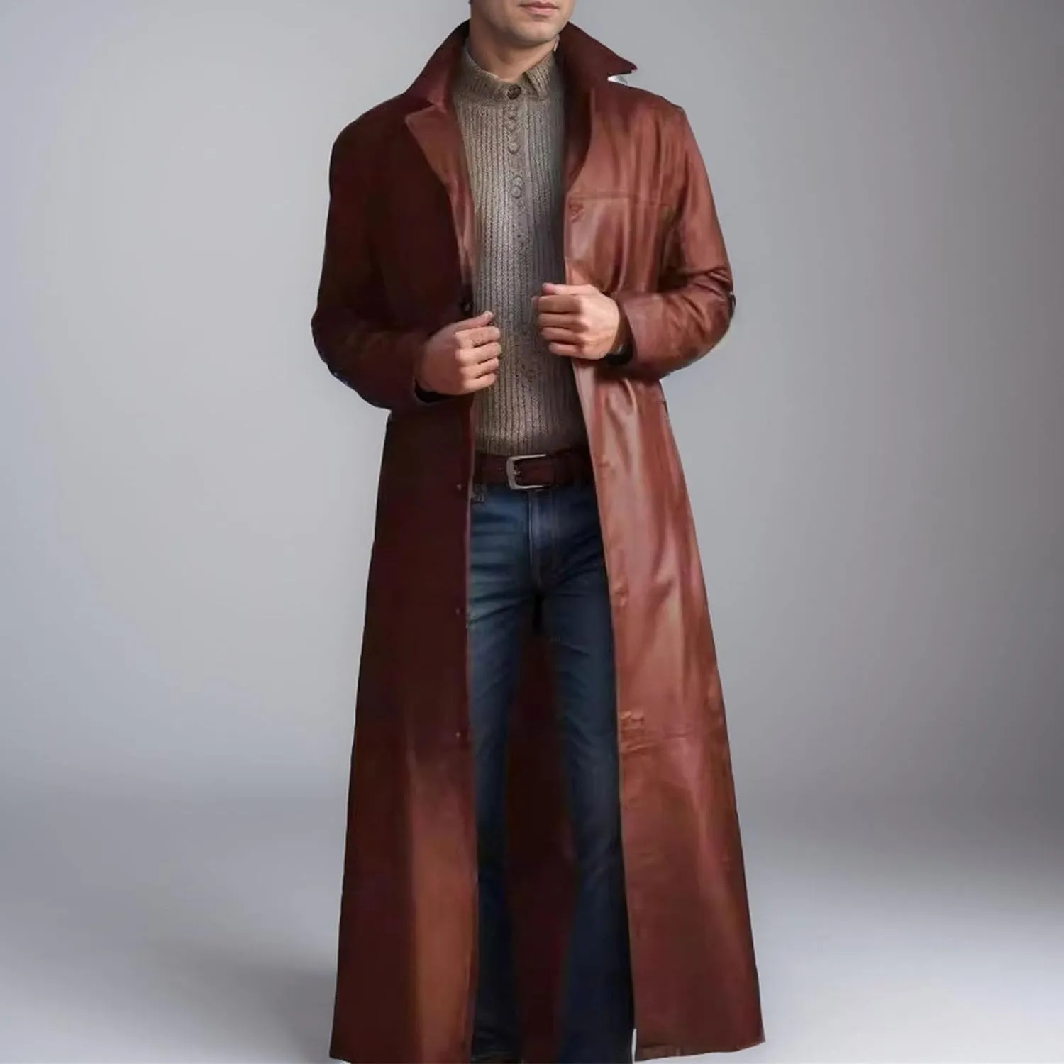 Long Leather Jakcet for Men Retro Slim Fit Motorcyle Trench Coat Full Length Faux Leather Overcoat Windbreaker