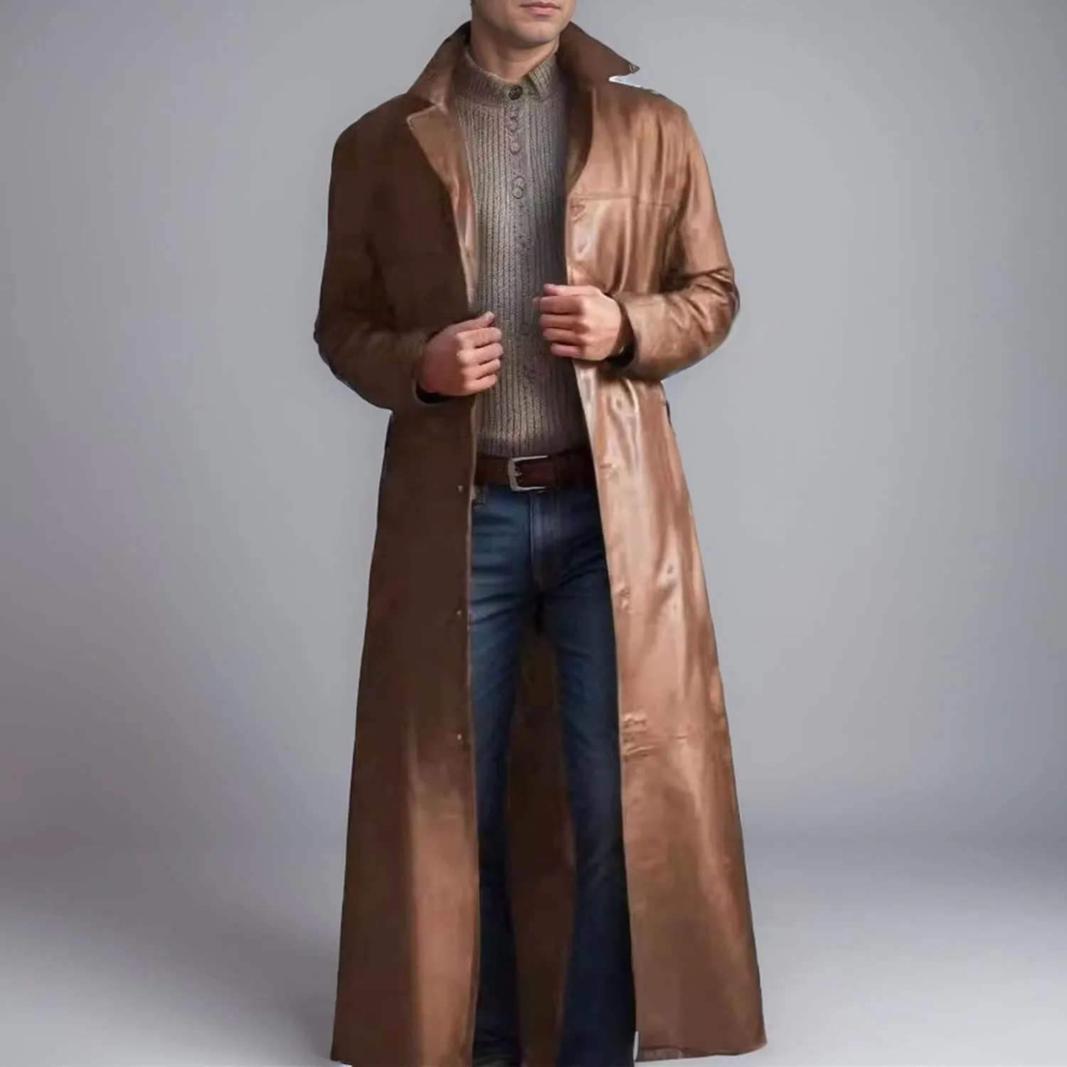 Long Leather Jakcet for Men Retro Slim Fit Motorcyle Trench Coat Full Length Faux Leather Overcoat Windbreaker
