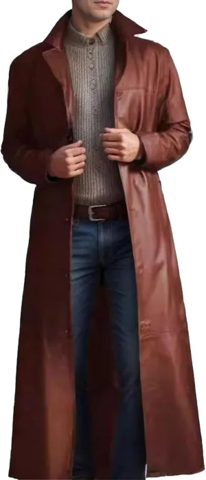 Long Leather Jakcet for Men Retro Slim Fit Motorcyle Trench Coat Full Length Faux Leather Overcoat Windbreaker