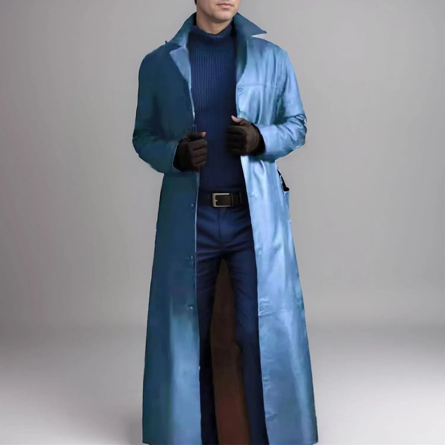 Long Leather Jakcet for Men Retro Slim Fit Motorcyle Trench Coat Full Length Faux Leather Overcoat Windbreaker