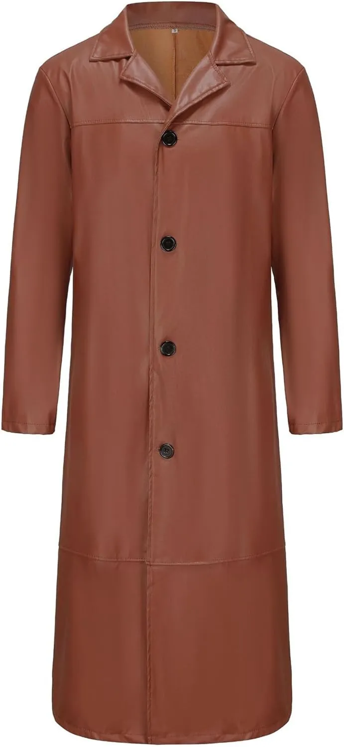 Long Leather Jakcet for Men Retro Slim Fit Motorcyle Trench Coat Full Length Faux Leather Overcoat Windbreaker