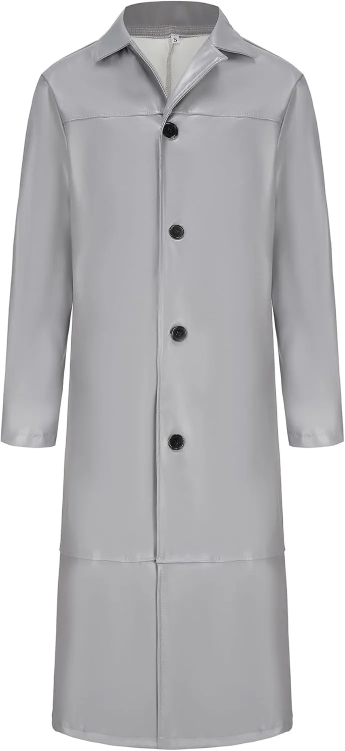 Long Leather Jakcet for Men Retro Slim Fit Motorcyle Trench Coat Full Length Faux Leather Overcoat Windbreaker