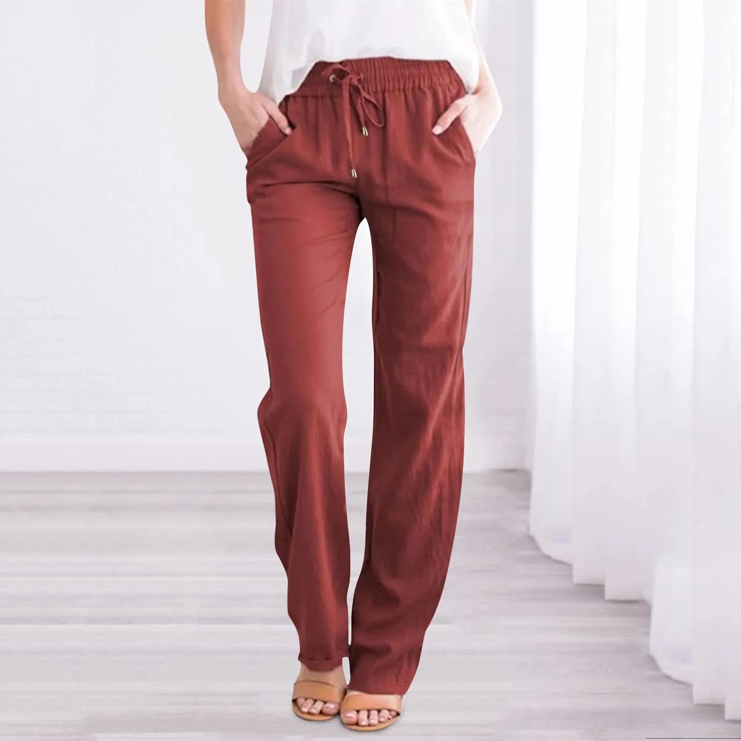 Long Lounge Pants for Women Drawstring Straight Leg Casual Pant Cotton Linen Cropped Pant Elastic Yoga Trousers with Pocket