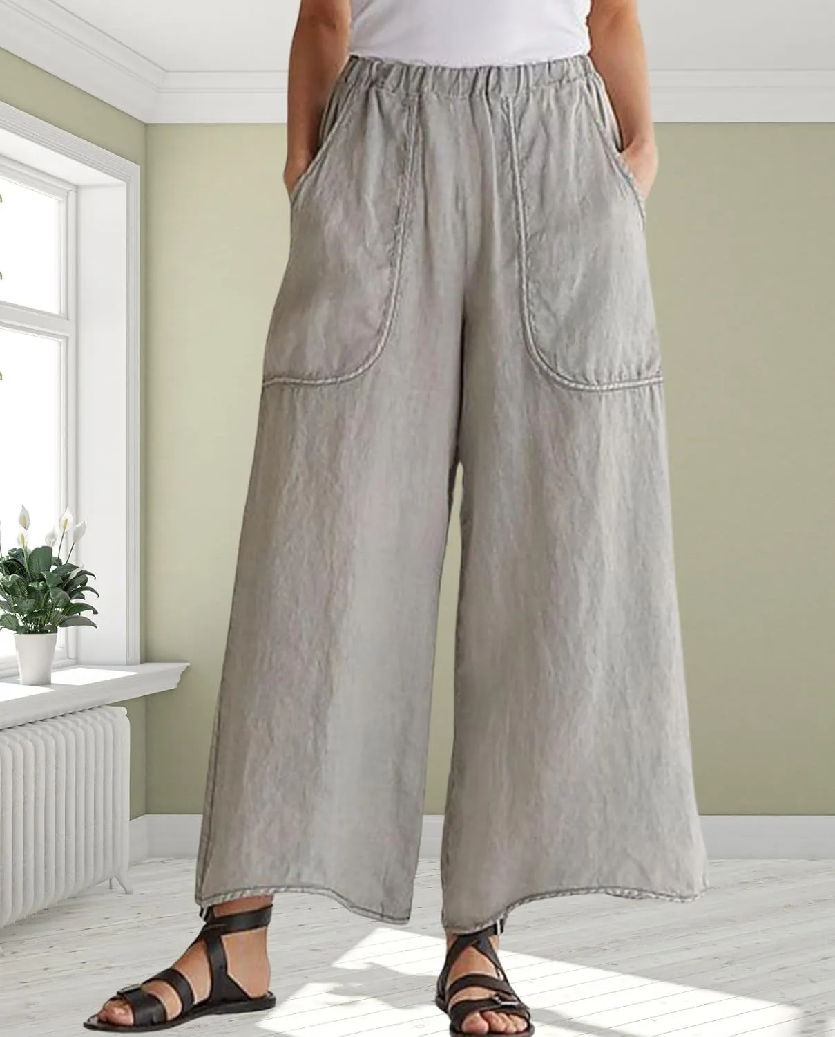 Long Pants for Womens High Waisted Straight Wide Leg Trousers Casual Loose Elastic Waist Palazzo Pants