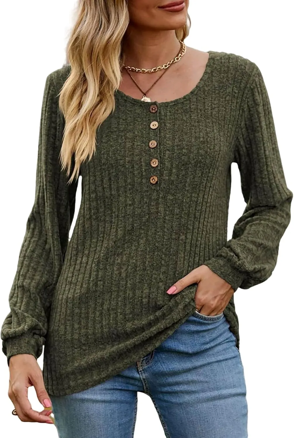 Long Sleeve Henley Knitted Tops for Women 2023 Fall Trendy Sweaters Casual Lightweight Solid Crewneck Tunic Jumpers