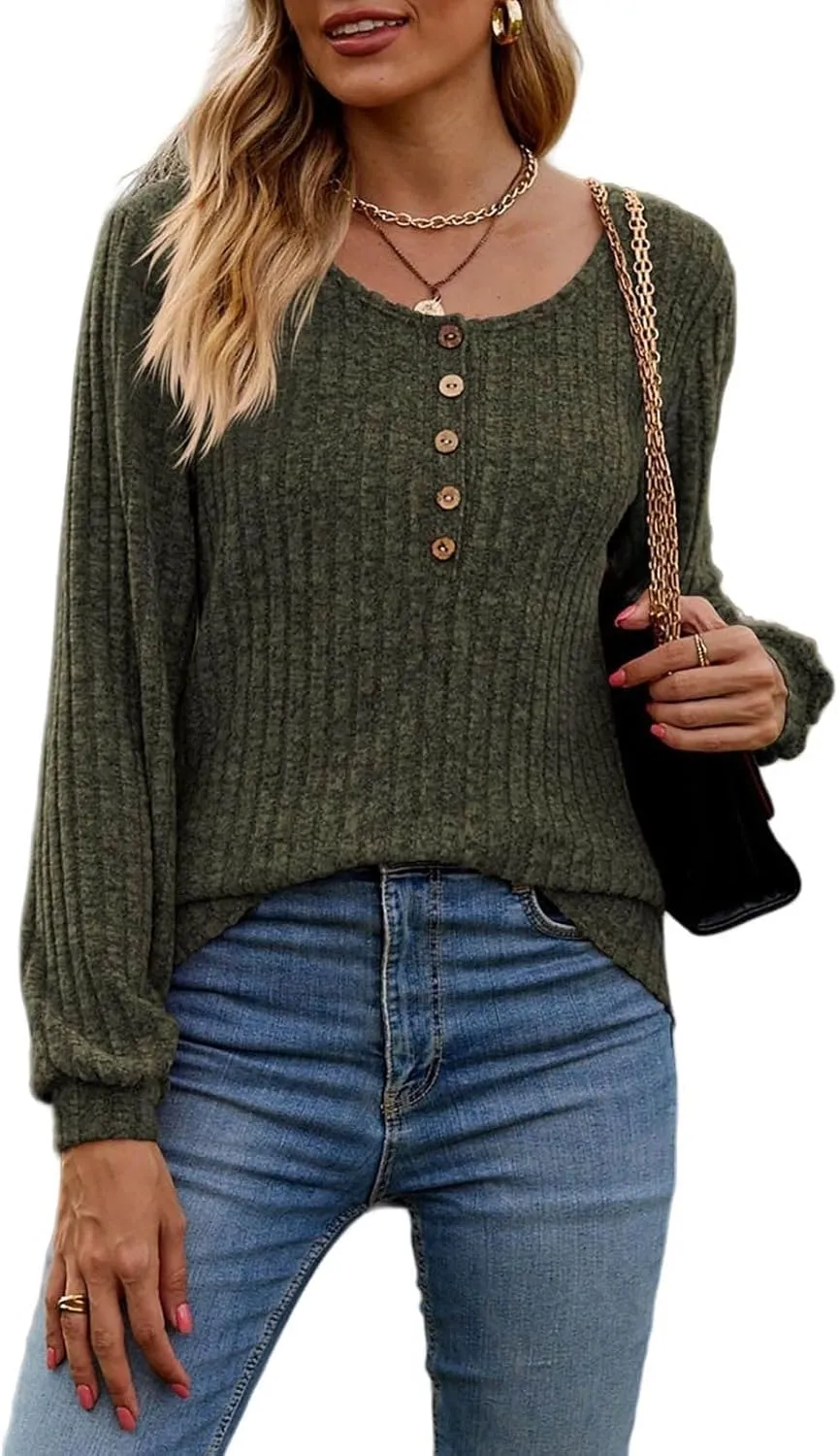 Long Sleeve Henley Knitted Tops for Women 2023 Fall Trendy Sweaters Casual Lightweight Solid Crewneck Tunic Jumpers