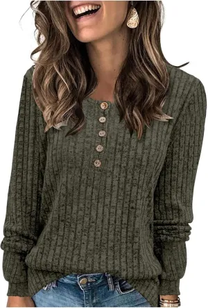 Long Sleeve Henley Knitted Tops for Women 2023 Fall Trendy Sweaters Casual Lightweight Solid Crewneck Tunic Jumpers