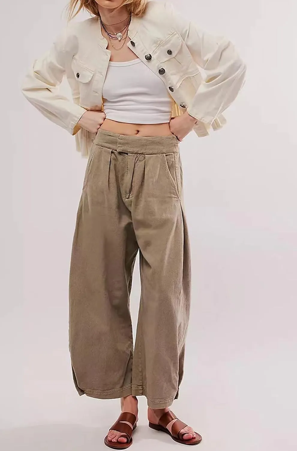 loveimgs Women Pleated Baggy Mid Rise Wide Leg Barrel Jeans Denim Pants Y2k Elastic Waist Harem Pants Pockets