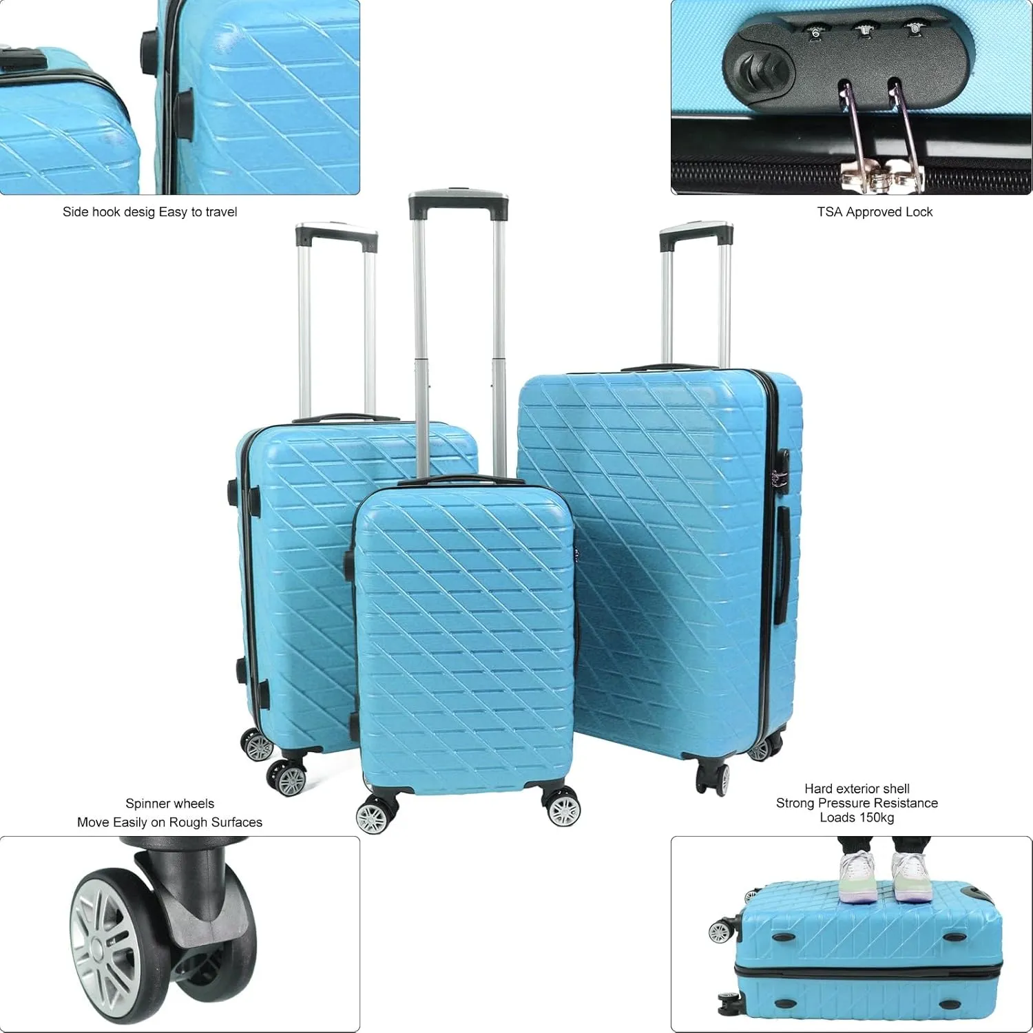 Luggage Set, 3PCS Luggage Set Spinner Wheel Hardshell Suitcase Lightweight Luggage Sets with Tsa Lock 150kg Load Capacity 20in 24in 28in Luggage Expandable Suitcase for Travel