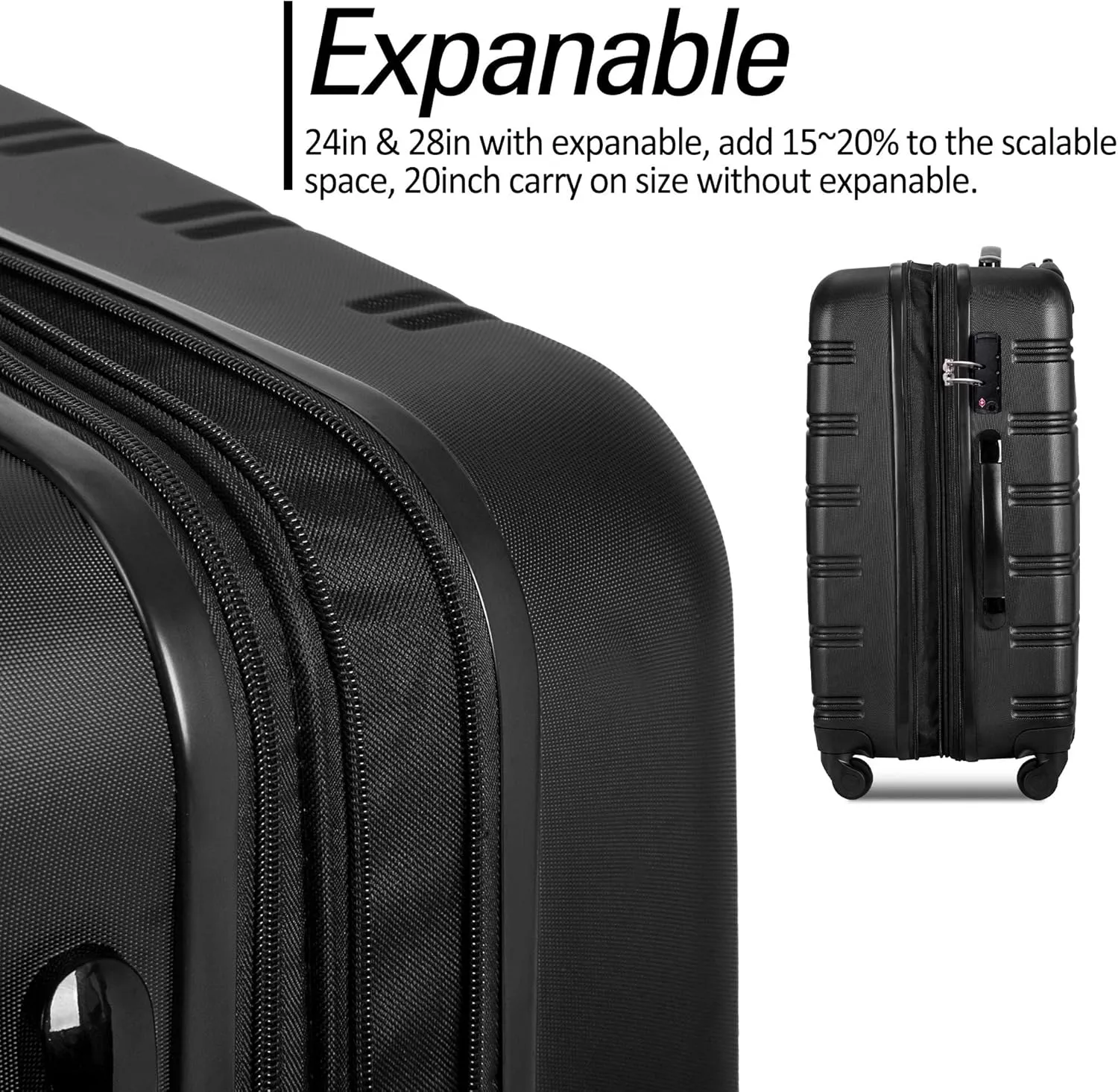 Luggage Sets New Model Expandable ABS Hardshell 3pcs Clearance Luggage Hardside Lightweight Durable Suitcase sets Spinner Wheels Suitcase with TSA Lock 20''24''28'' (3, Black-1)