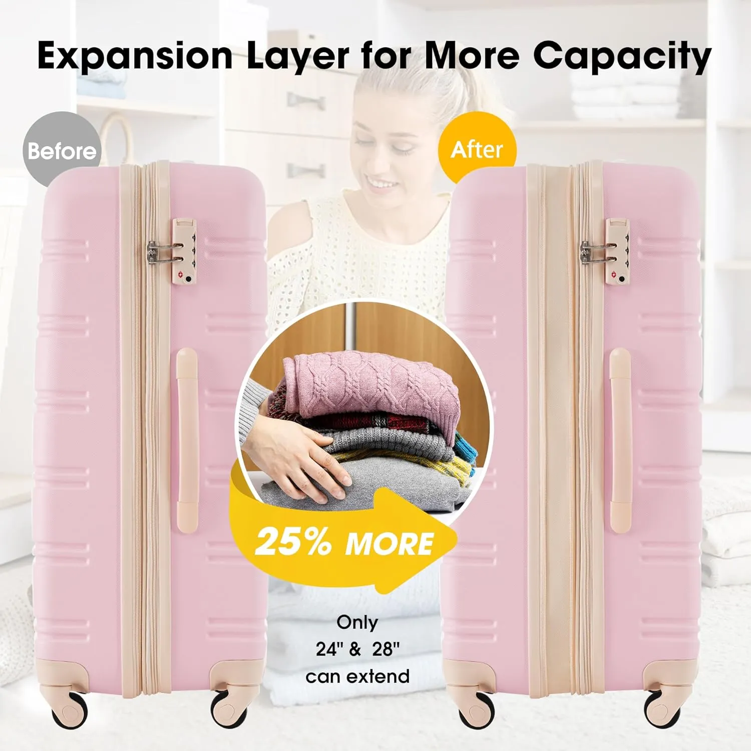 Luggage Sets New Model Expandable ABS Hardshell 3pcs Clearance Luggage Hardside Lightweight Durable Suitcase sets Spinner Wheels Suitcase with TSA Lock 20''24''28'' (3, Light Pink-1)