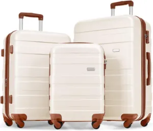 Luggage Sets New Model Expandable ABS Hardshell 3pcs Clearance Luggage Hardside Lightweight Durable Suitcase sets Spinner Wheels Suitcase with TSA Lock 20''24''28'' (Ivory and Brown)