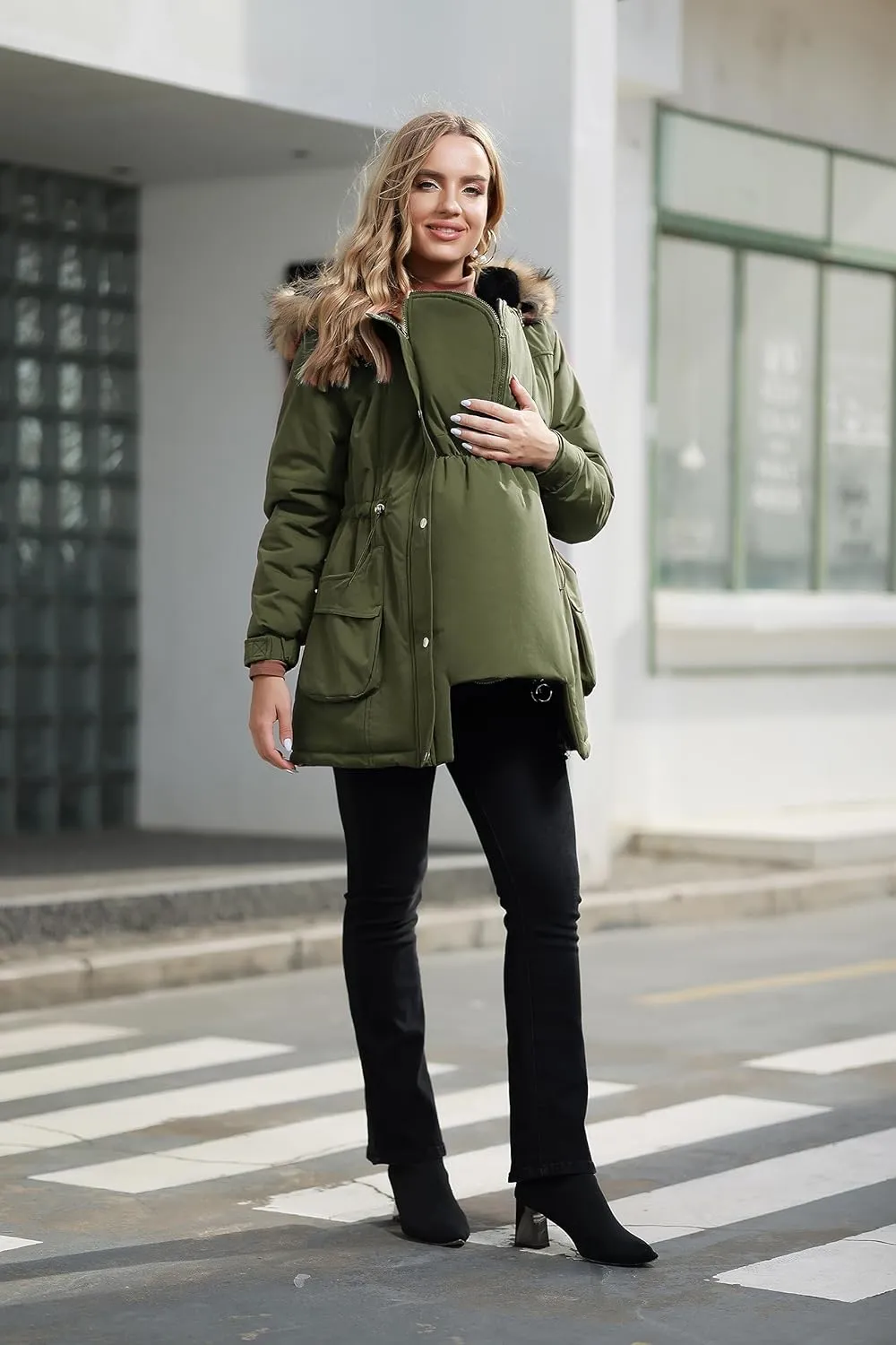 Maacie Womens Maternity 3 in 1 Thickened Outwear Fleece Lined Coat Winter Warm Hooded