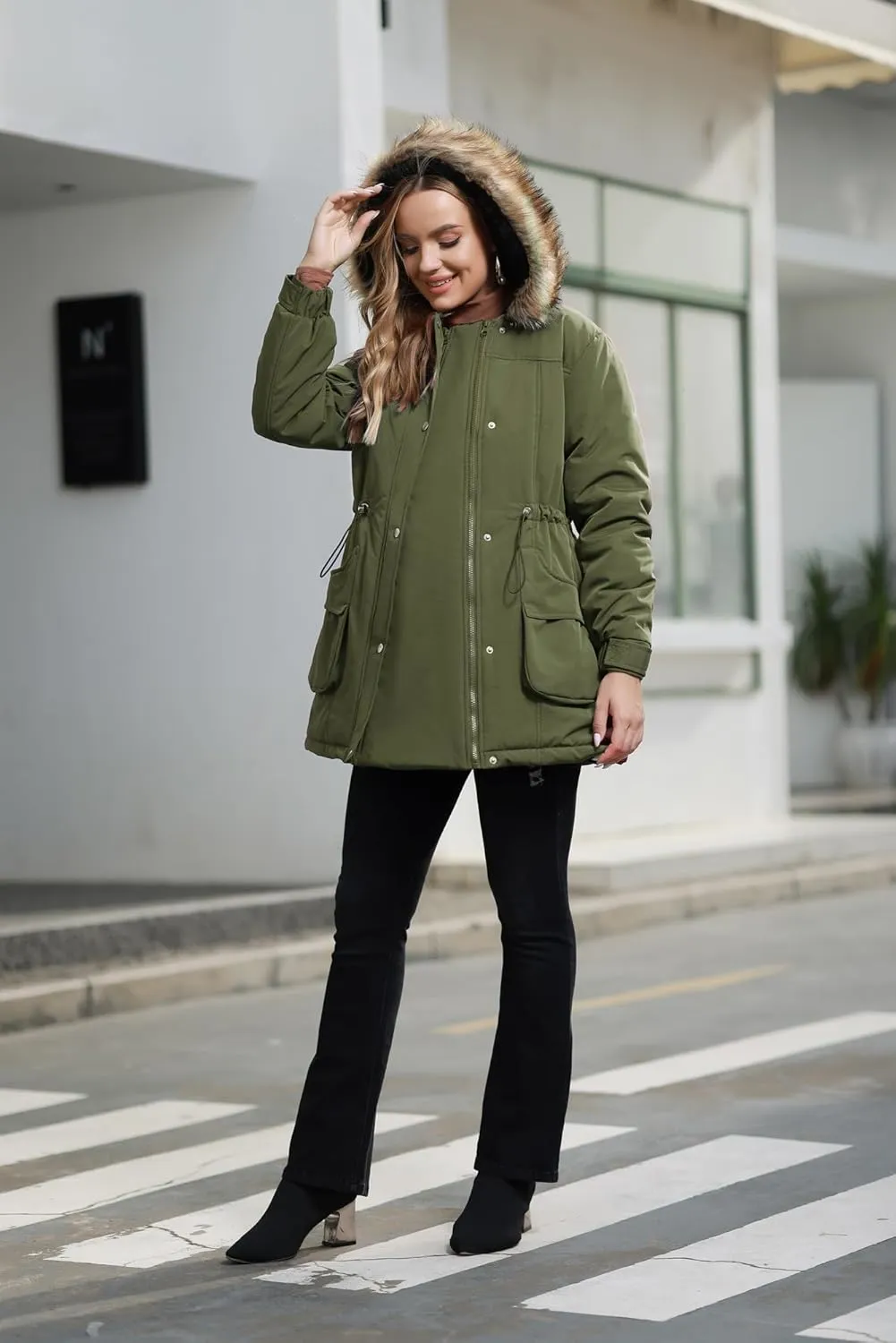 Maacie Womens Maternity 3 in 1 Thickened Outwear Fleece Lined Coat Winter Warm Hooded