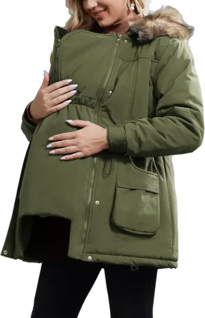Maacie Womens Maternity 3 in 1 Thickened Outwear Fleece Lined Coat Winter Warm Hooded