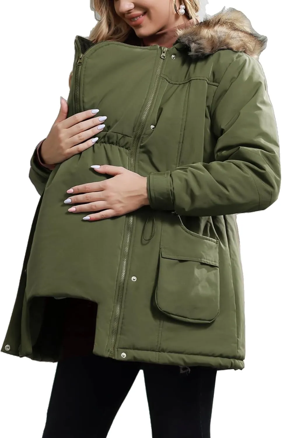 Maacie Womens Maternity 3 in 1 Thickened Outwear Fleece Lined Coat Winter Warm Hooded