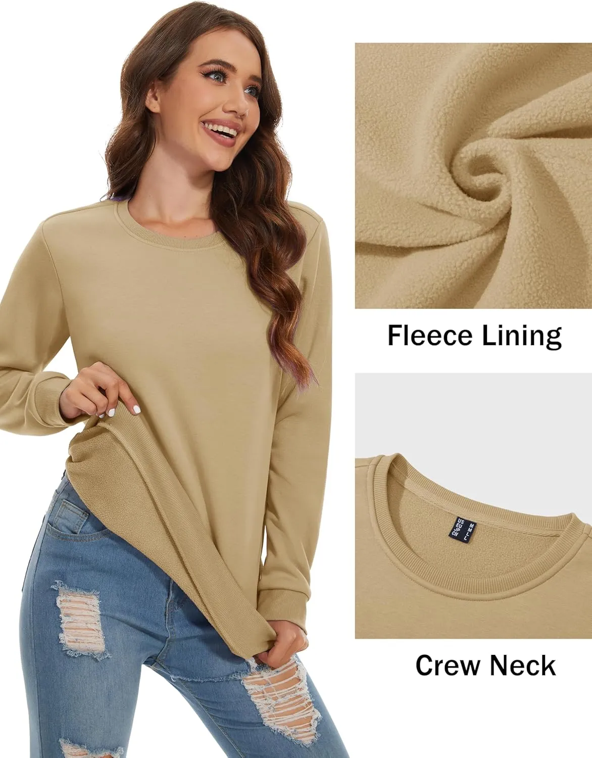 MAGCOMSEN Women's Fleece Lined Sweatshirt Crewneck Cotton Pullover Fall Casual Long Sleeve Warm Tops