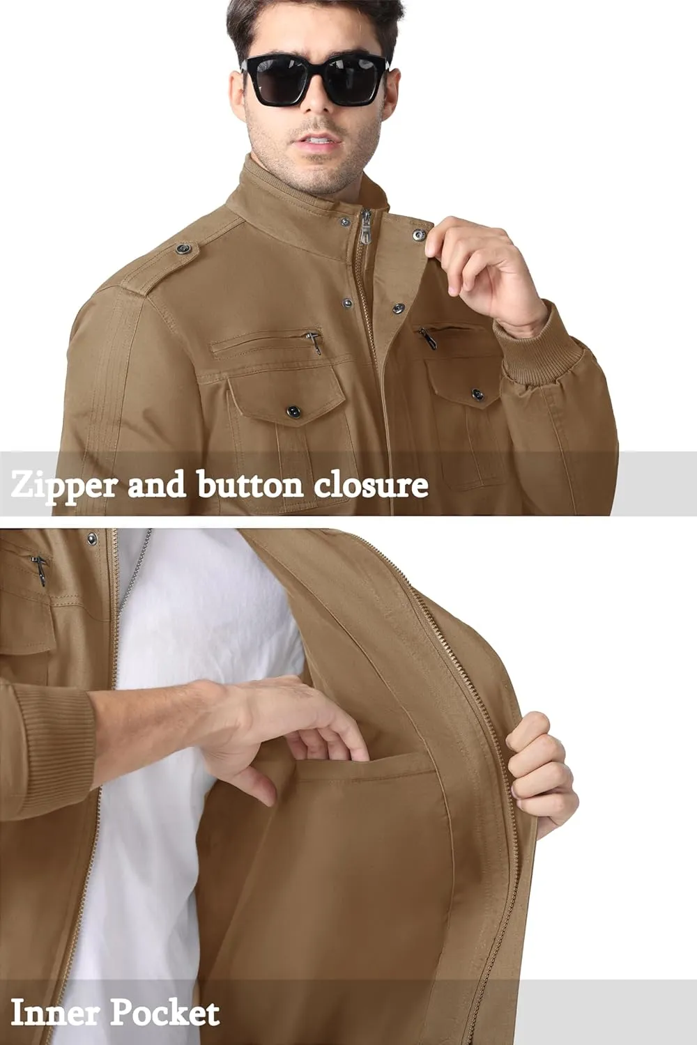 MAGNIVIT Men's Military Lightweight Army Windbreaker Cargo Jacket With Stand Collar, Zip Front, 7 Pockets - Cotton