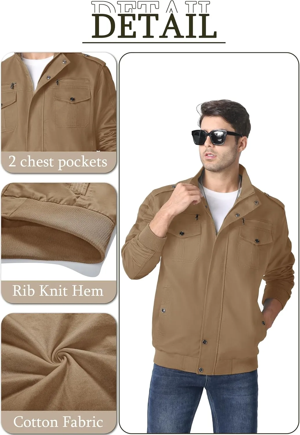 MAGNIVIT Men's Military Lightweight Army Windbreaker Cargo Jacket With Stand Collar, Zip Front, 7 Pockets - Cotton