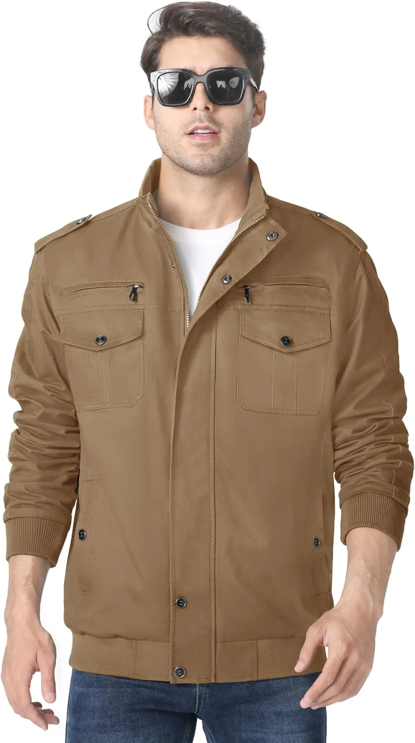 MAGNIVIT Men's Military Lightweight Army Windbreaker Cargo Jacket With Stand Collar, Zip Front, 7 Pockets - Cotton