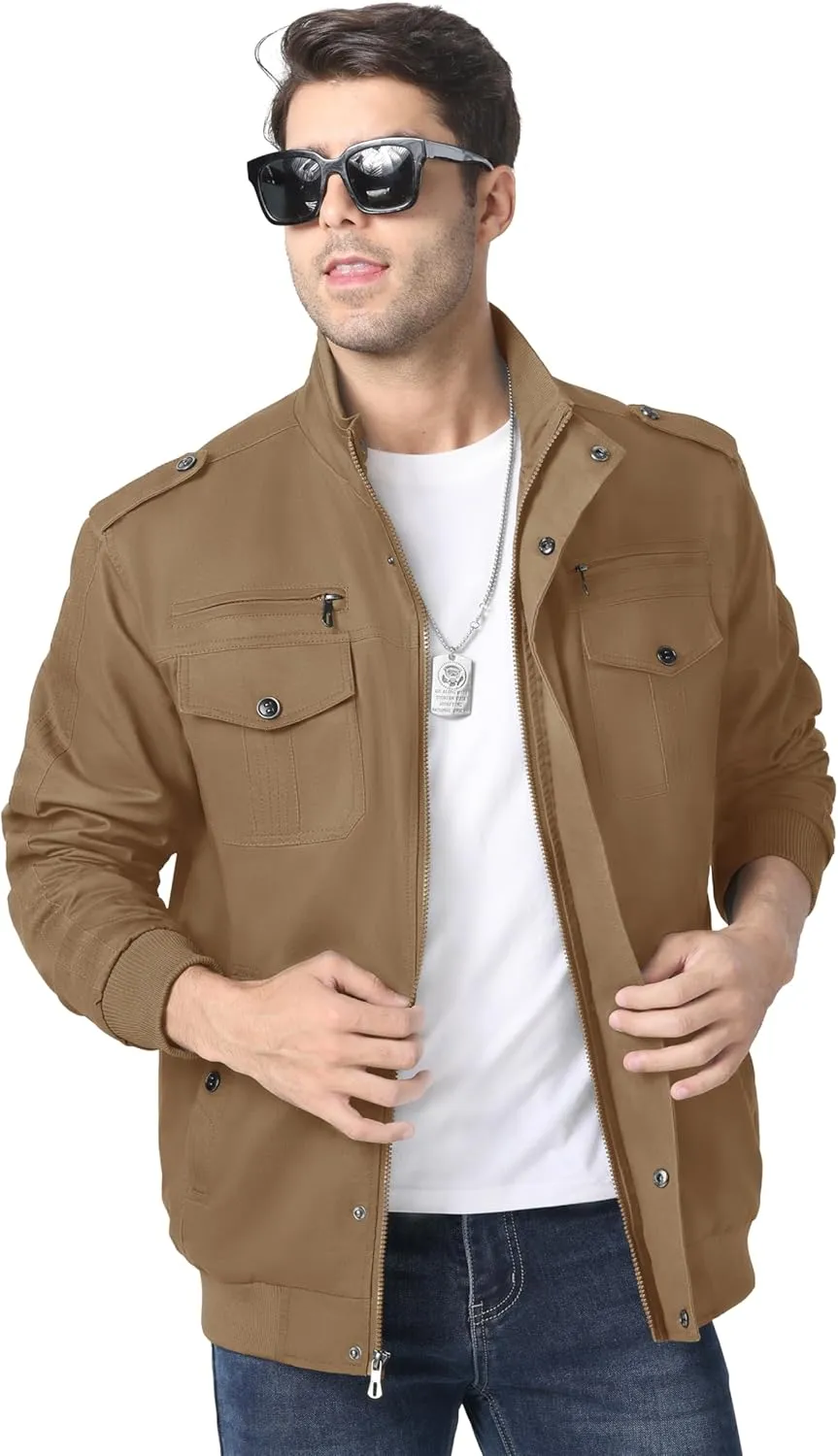 MAGNIVIT Men's Military Lightweight Army Windbreaker Cargo Jacket With Stand Collar, Zip Front, 7 Pockets - Cotton