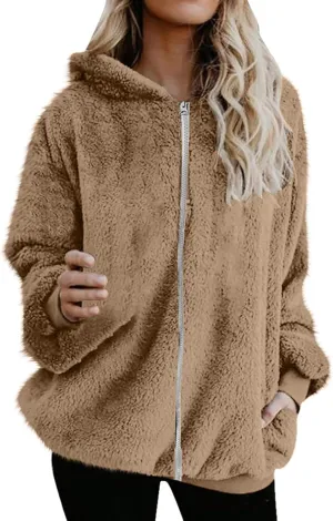 maisdgop Winter Coats for Women Zipper Faux Fur Coat Long Sleeve Hooded Warm Outerwear 2024 Fashion Jackets with Pockets