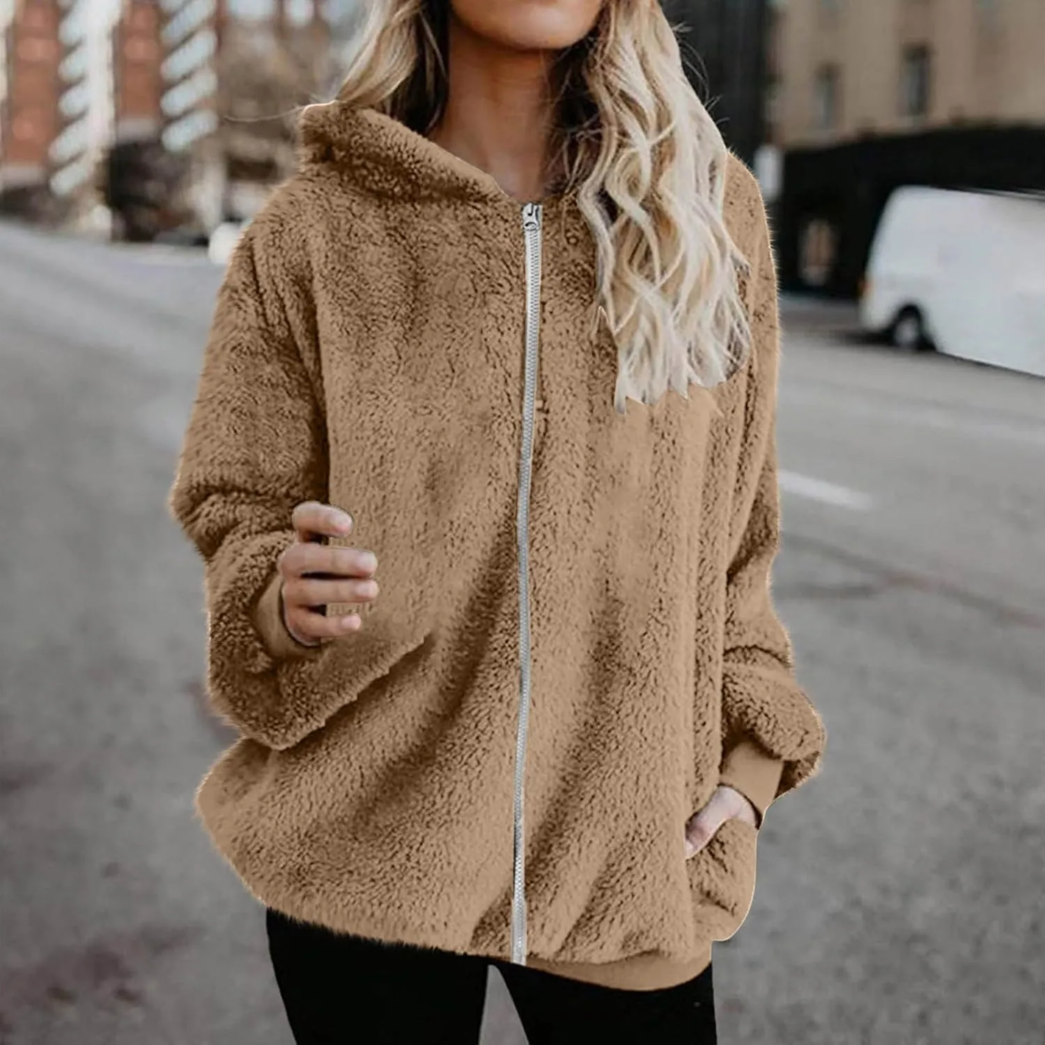 maisdgop Winter Coats for Women Zipper Faux Fur Coat Long Sleeve Hooded Warm Outerwear 2024 Fashion Jackets with Pockets