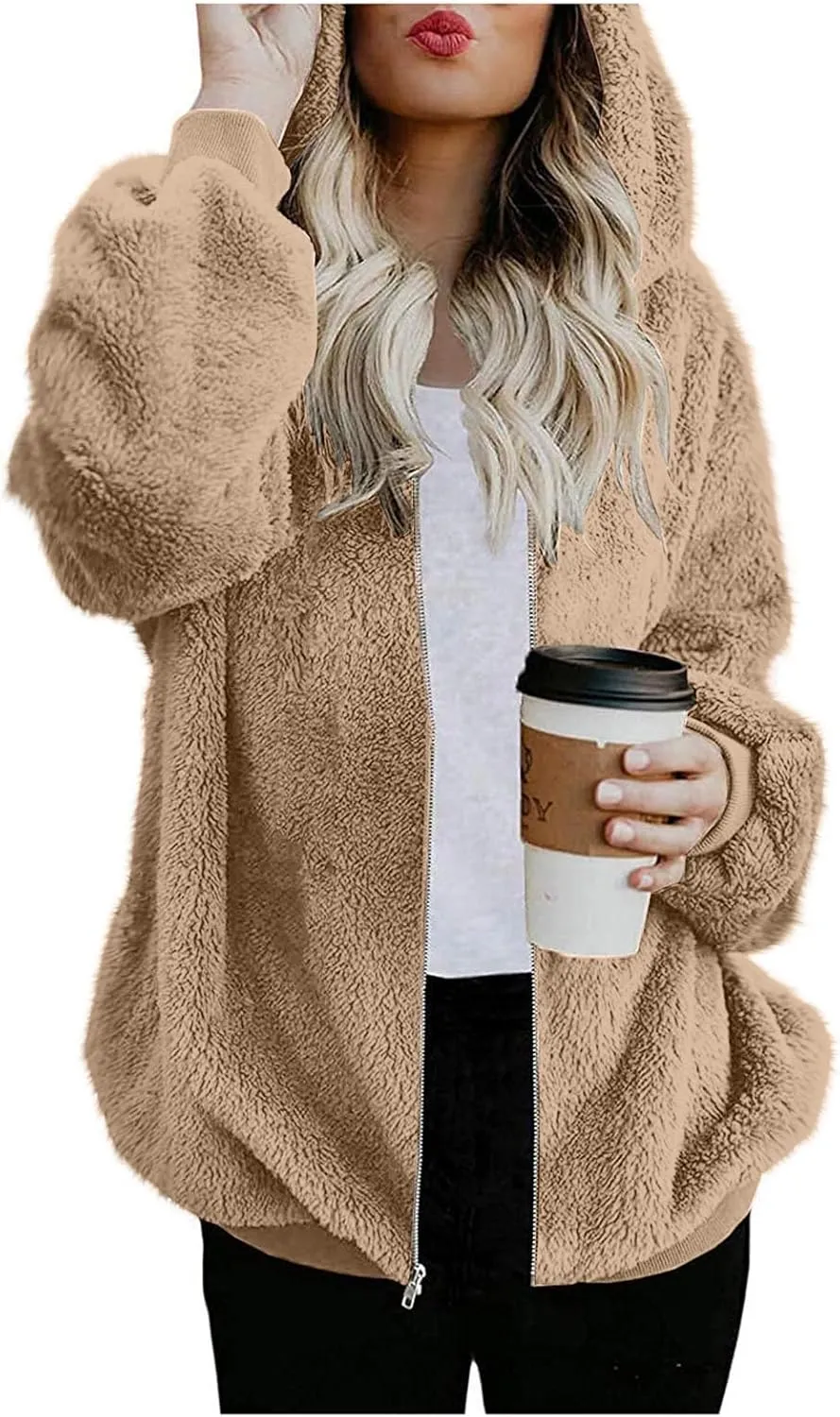 maisdgop Winter Coats for Women Zipper Faux Fur Coat Long Sleeve Hooded Warm Outerwear 2024 Fashion Jackets with Pockets