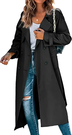 Maiyifu-GJ Trench Coat for Women Double Breasted Long Elegant Windproof Lapel Belted Overcoat Casual Windbreaker Jacket