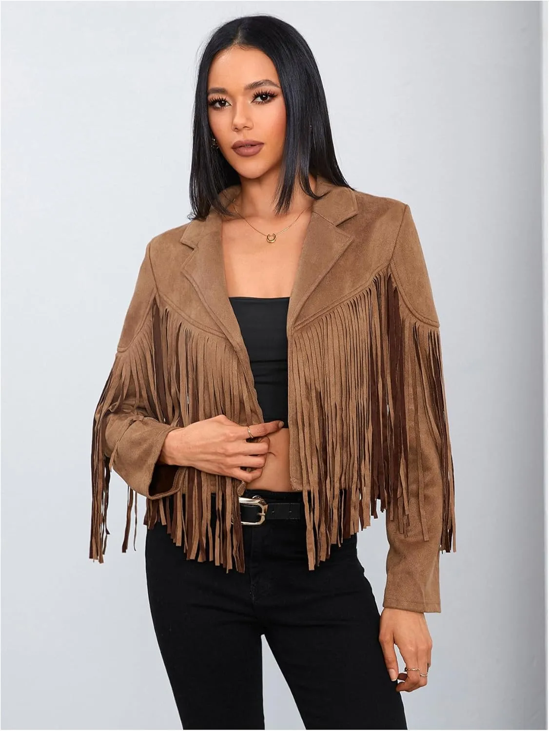 MakeMeChic Women's Faux Suede Tassel Cowgirl Coats Western Fringe Jackets 70s Hippie Costume
