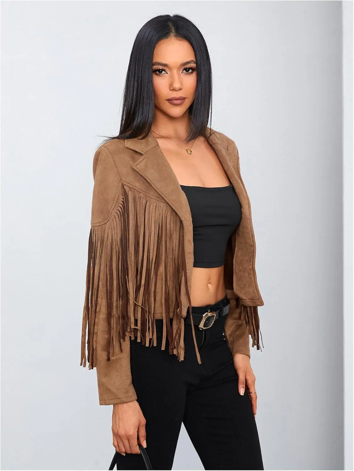 MakeMeChic Women's Faux Suede Tassel Cowgirl Coats Western Fringe Jackets 70s Hippie Costume