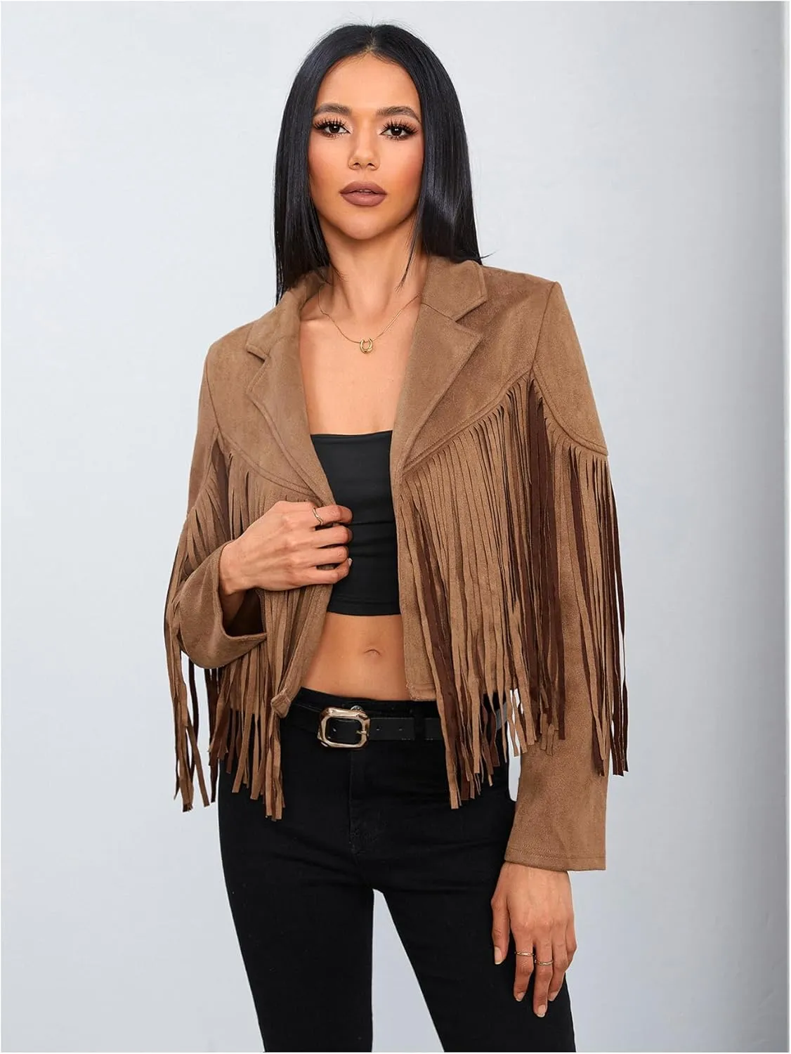 MakeMeChic Women's Faux Suede Tassel Cowgirl Coats Western Fringe Jackets 70s Hippie Costume