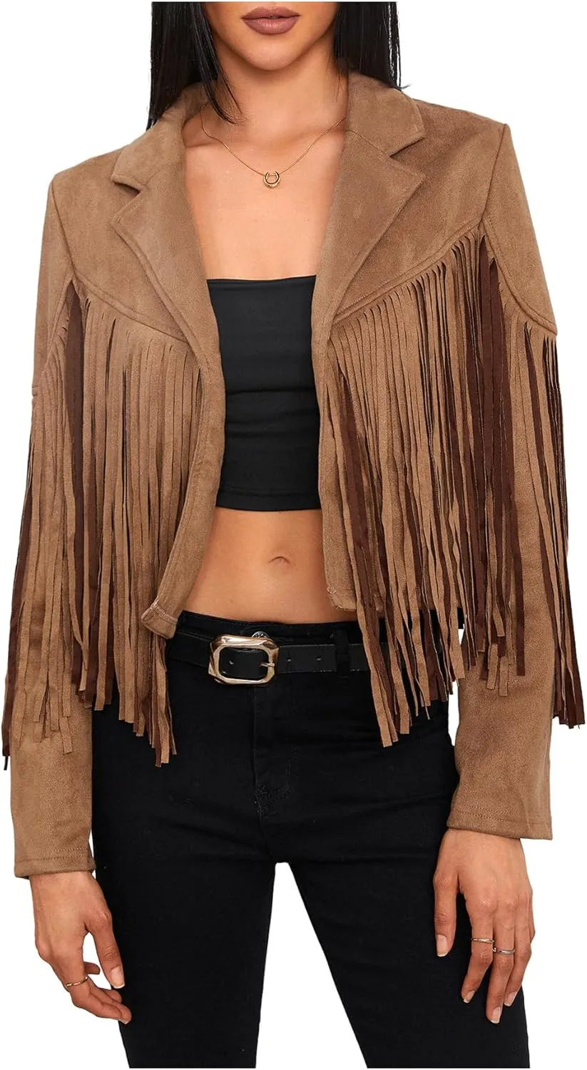 MakeMeChic Women's Faux Suede Tassel Cowgirl Coats Western Fringe Jackets 70s Hippie Costume