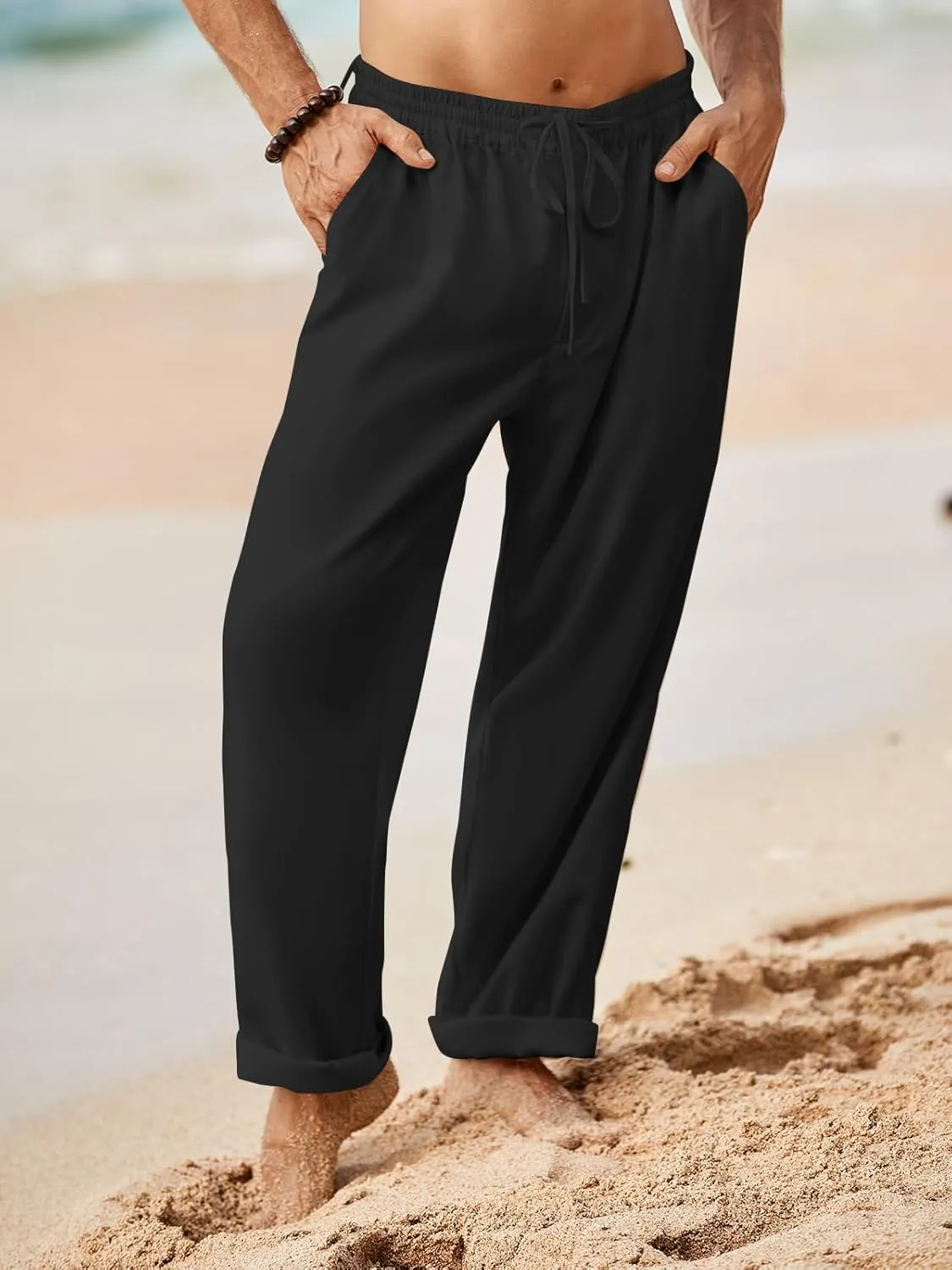 Makkrom Mens Casual Pants Drawstring Elastic Waist Lightweight Linen Pants Loose Fit Summer Beach Yoga Trousers