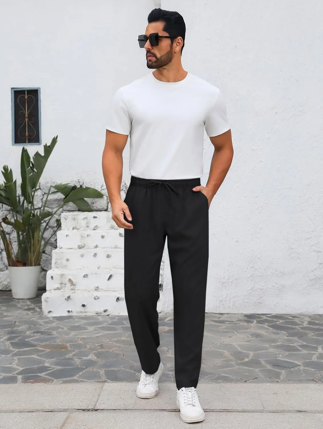 Makkrom Mens Casual Pants Drawstring Elastic Waist Lightweight Linen Pants Loose Fit Summer Beach Yoga Trousers